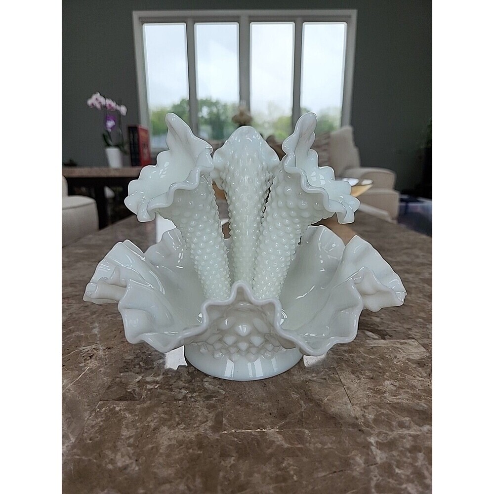 Vintage White Milk Glass Hobnail 3 Horn Epergne, 7" Tall